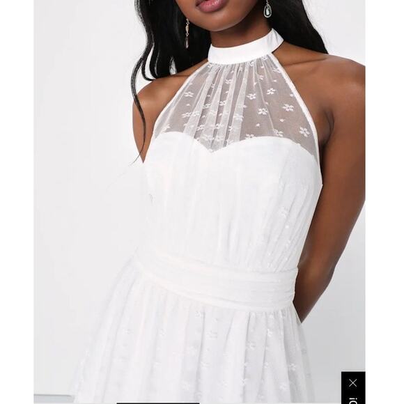 NEW Lulus Positively Precious White Floral Mesh Tiered Halter Midi Dress Lg NWT - Picture 3 of 11
